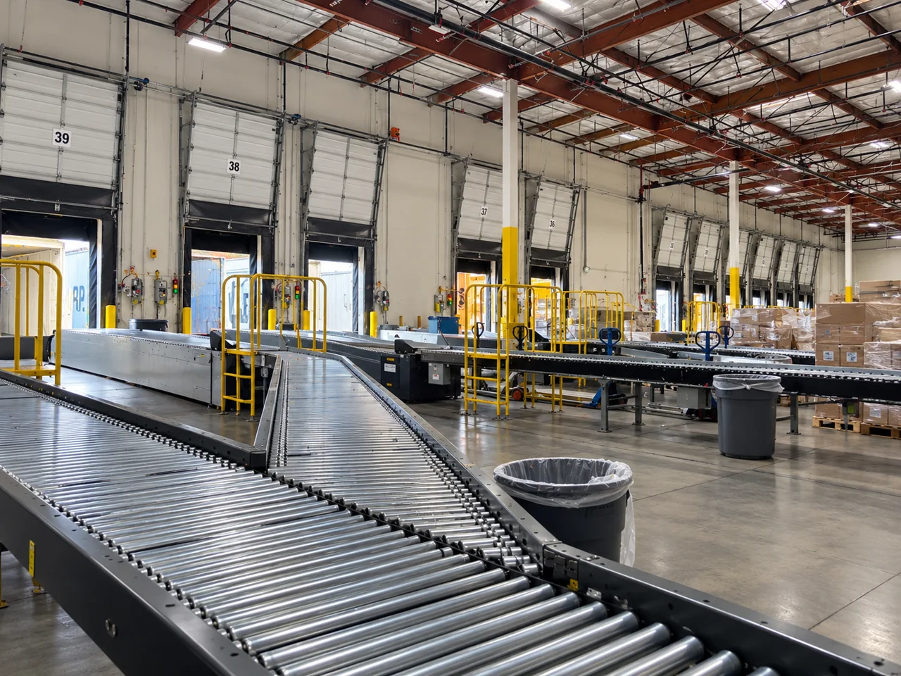 Roller conveyors and loading dock doors inside a warehouse